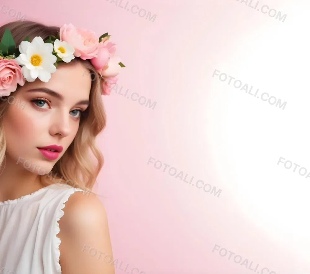 A White Woman 24 Years Old With Pink Lips And A Flower Crown In A Pink Background 32 A554
