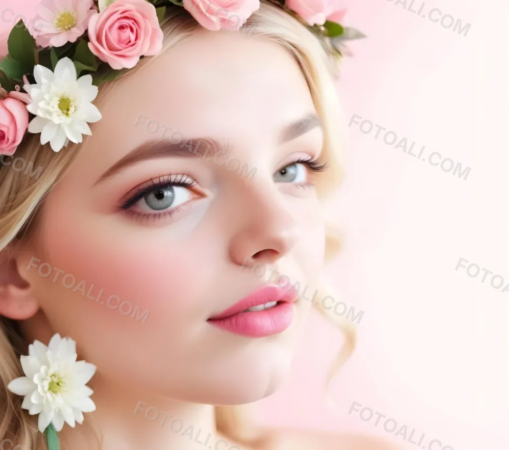 A White Woman 24 Years Old With Pink Lips And A Flower Crown In A Pink Background 5 C0ad