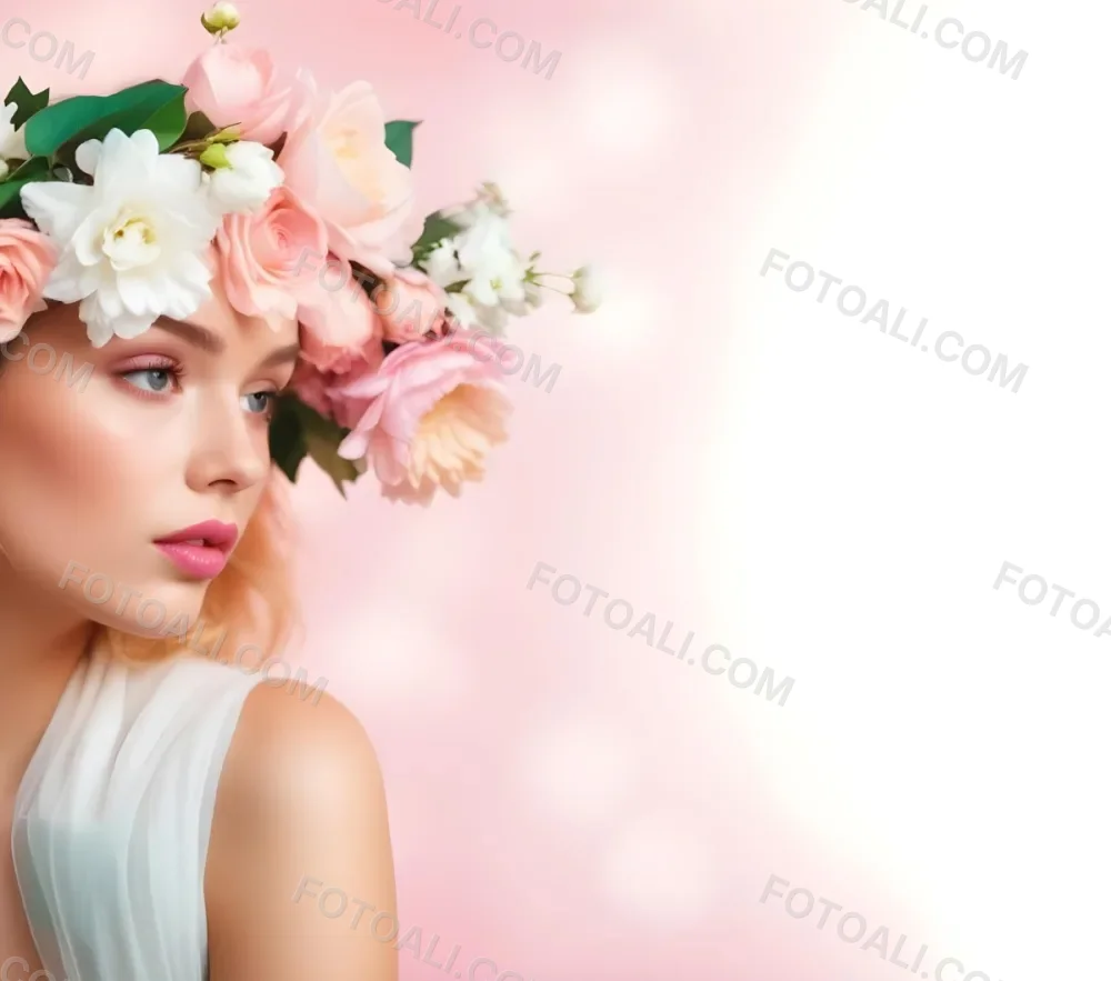A White Woman 24 Years Old With Pink Lips And A Flower Crown In A Pink Background 8 9427