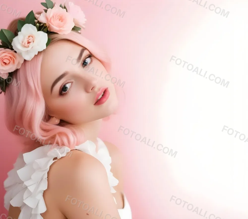 A White Woman 24 Years Old With Pink Lips And A Flower Crown In A Pink Background 9 Df12