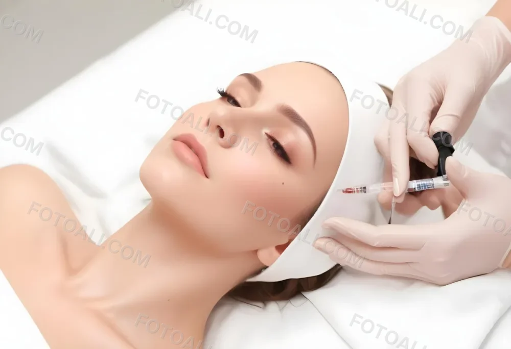 A White Woman 25 Years Old With Brown Hair Receiving A Facial Injection With A Syringe In A Beauty Clinic White Background 1 17bd