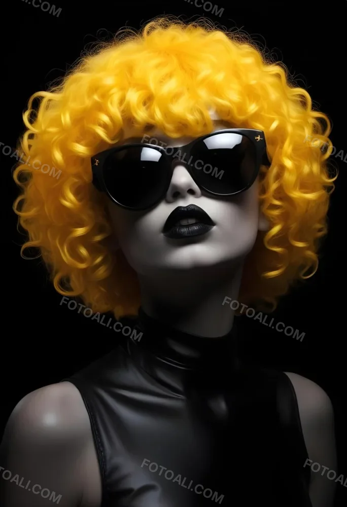 A White Woman 27 Years Old With Yellow Curly Hair And White Sunglasses Black Lipstick Wearing A Black Leather Dress In A Black Background 10 3a91