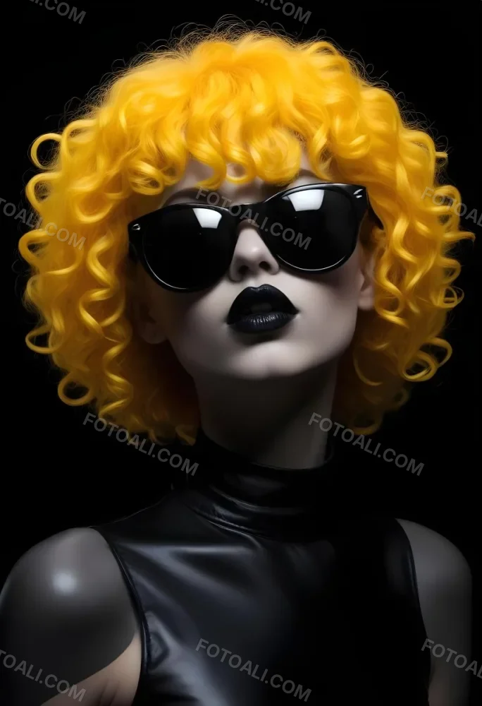 A White Woman 27 Years Old With Yellow Curly Hair And White Sunglasses Black Lipstick Wearing A Black Leather Dress In A Black Background 29 39db