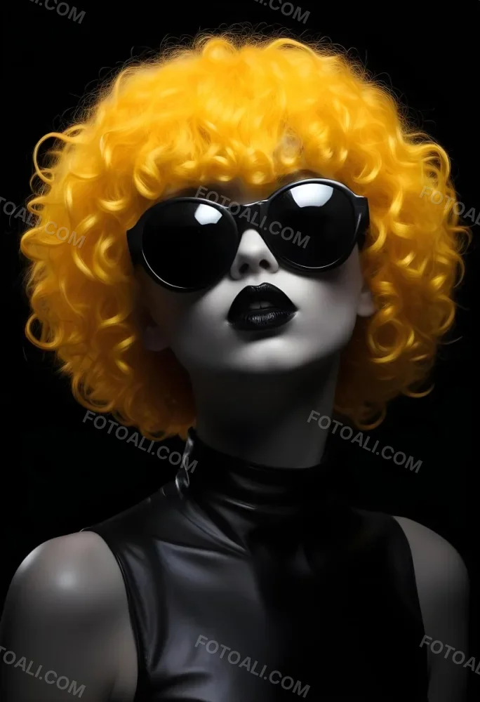 A White Woman 27 Years Old With Yellow Curly Hair And White Sunglasses Black Lipstick Wearing A Black Leather Dress In A Black Background 35 A2d5