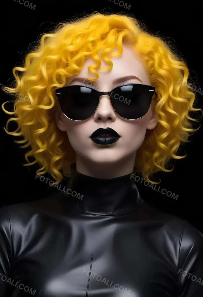A White Woman 27 Years Old With Yellow Curly Hair And White Sunglasses Black Lipstick Wearing A Black Leather Dress In A Black Background 38 Db02