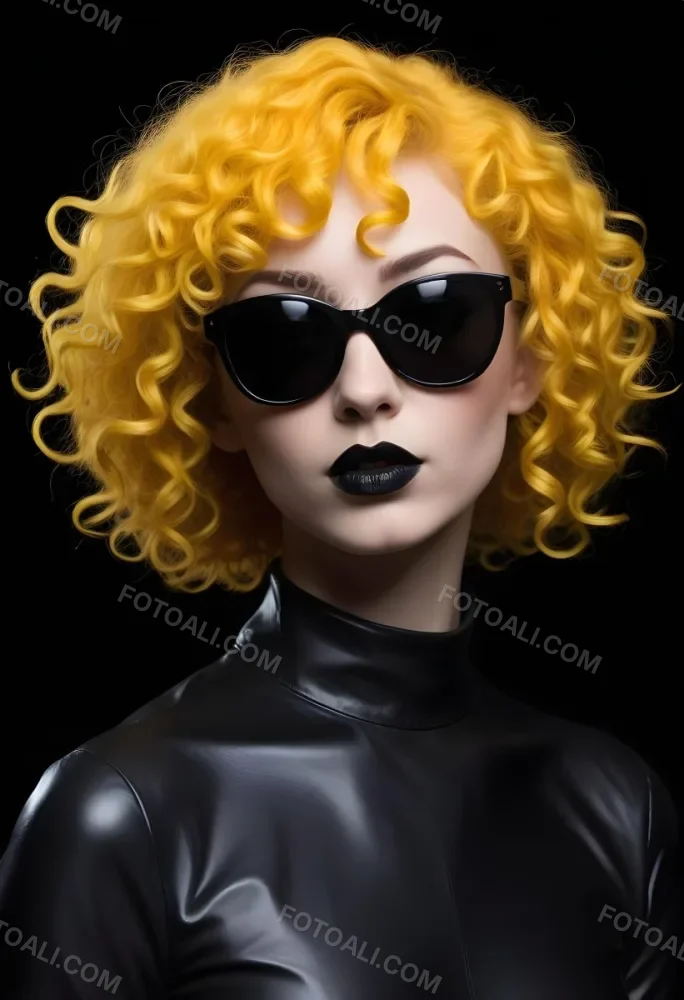 A White Woman 27 Years Old With Yellow Curly Hair And White Sunglasses Black Lipstick Wearing A Black Leather Dress In A Black Background 40 1135
