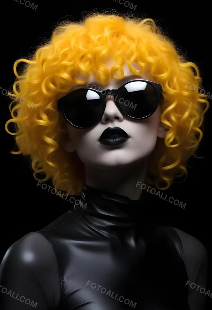 A White Woman 27 Years Old With Yellow Curly Hair And White Sunglasses Black Lipstick Wearing A Black Leather Dress In A Black Background 6 F6ad