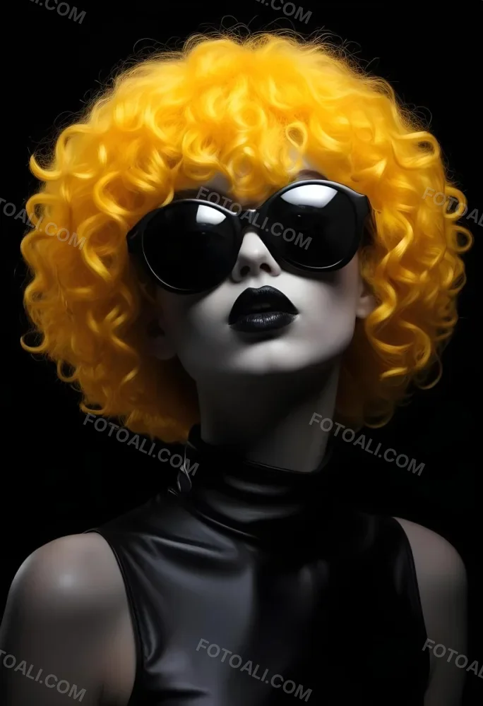 A White Woman 27 Years Old With Yellow Curly Hair And White Sunglasses Black Lipstick Wearing A Black Leather Dress In A Black Background 8 2fd9