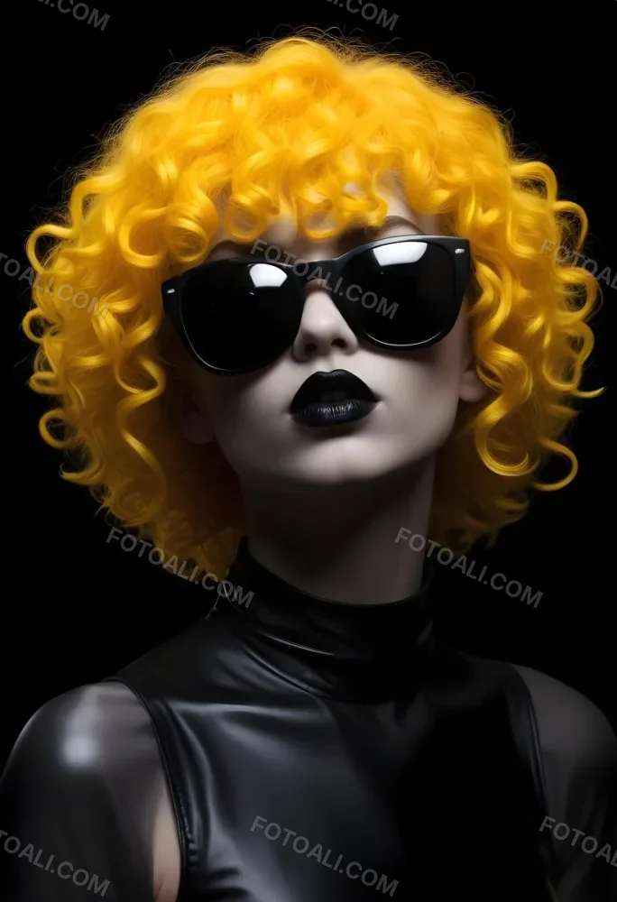 A White Woman 27 Years Old With Yellow Curly Hair And White Sunglasses Black Lipstick Wearing A Black Leather Dress In A Black Background 9 9753