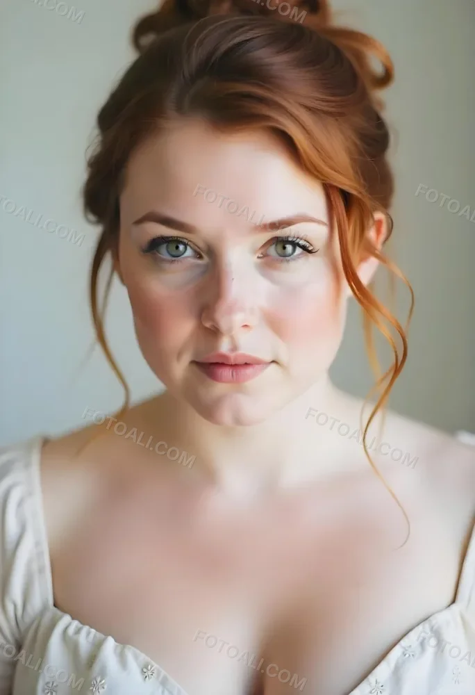 A White Woman 28 Years Old Red Hair Freckles Light Skin Looking At The Camera With A White Dress And A Plain White Background 10 4da3
