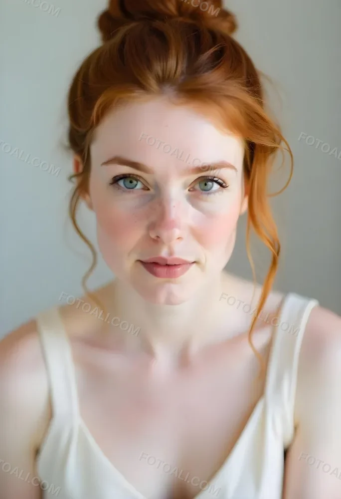 A White Woman 28 Years Old Red Hair Freckles Light Skin Looking At The Camera With A White Dress And A Plain White Background 14 1a9e