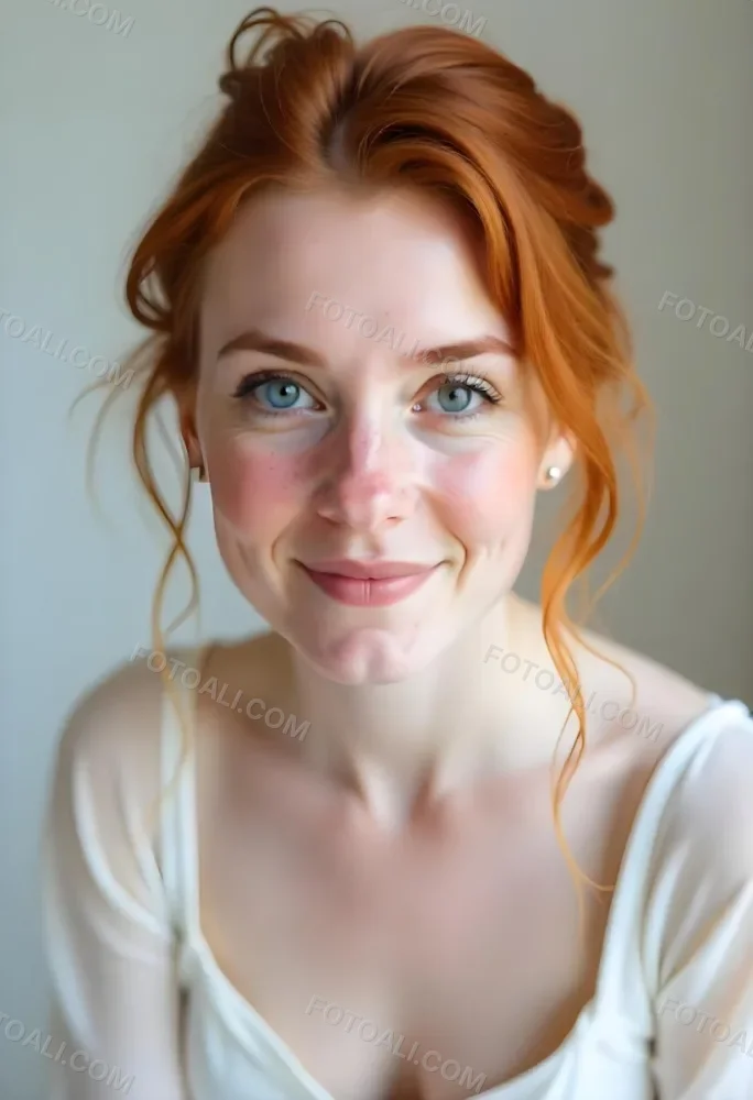 A White Woman 28 Years Old Red Hair Freckles Light Skin Looking At The Camera With A White Dress And A Plain White Background 19 3b3e