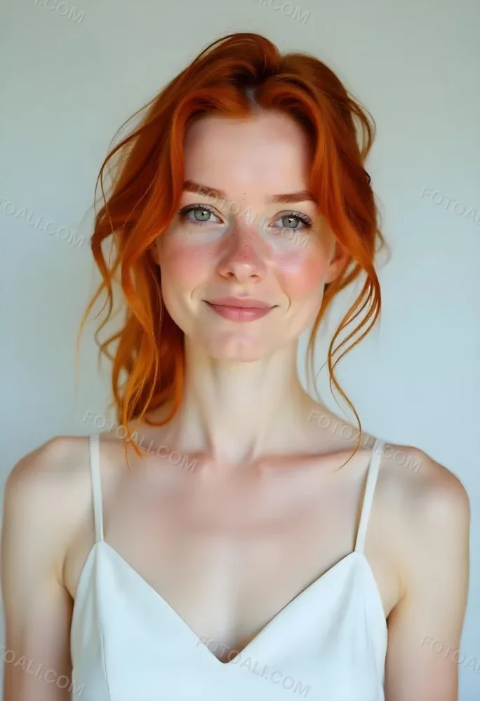 A White Woman 28 Years Old Red Hair Freckles Light Skin Looking At The Camera With A White Dress And A Plain White Background 22 F078