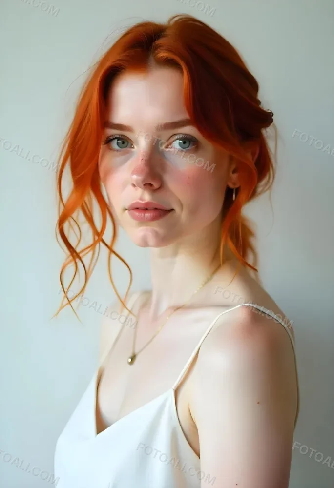 A White Woman 28 Years Old Red Hair Freckles Light Skin Looking At The Camera With A White Dress And A Plain White Background 26 0690