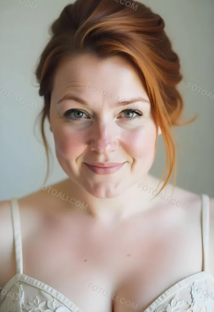 A White Woman 28 Years Old Red Hair Freckles Light Skin Looking At The Camera With A White Dress And A Plain White Background 34 C089