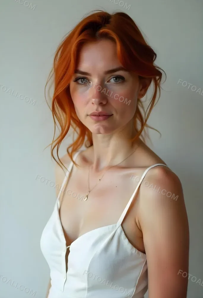 A White Woman 28 Years Old Red Hair Freckles Light Skin Looking At The Camera With A White Dress And A Plain White Background 35 0795