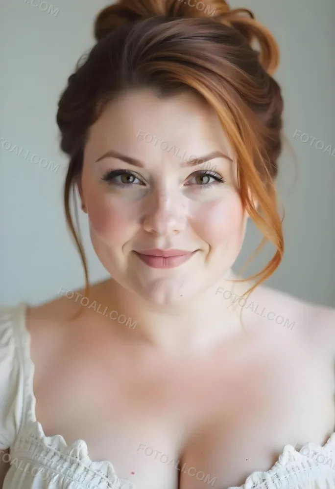 A White Woman 28 Years Old Red Hair Freckles Light Skin Looking At The Camera With A White Dress And A Plain White Background 8 E765