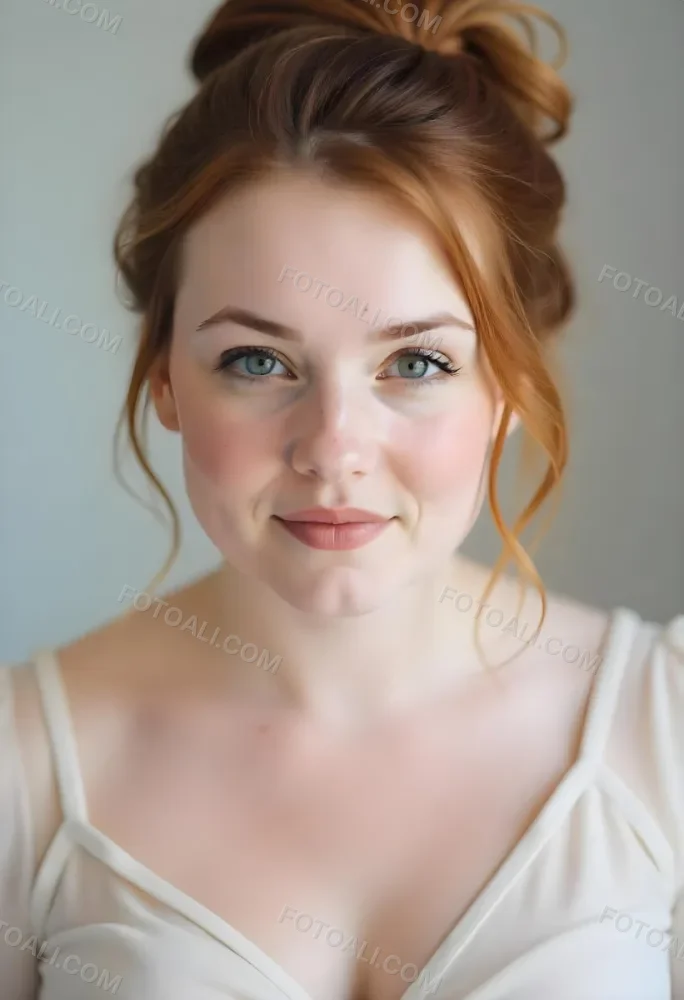A White Woman 28 Years Old Red Hair Freckles Light Skin Looking At The Camera With A White Dress And A Plain White Background 9 38a9