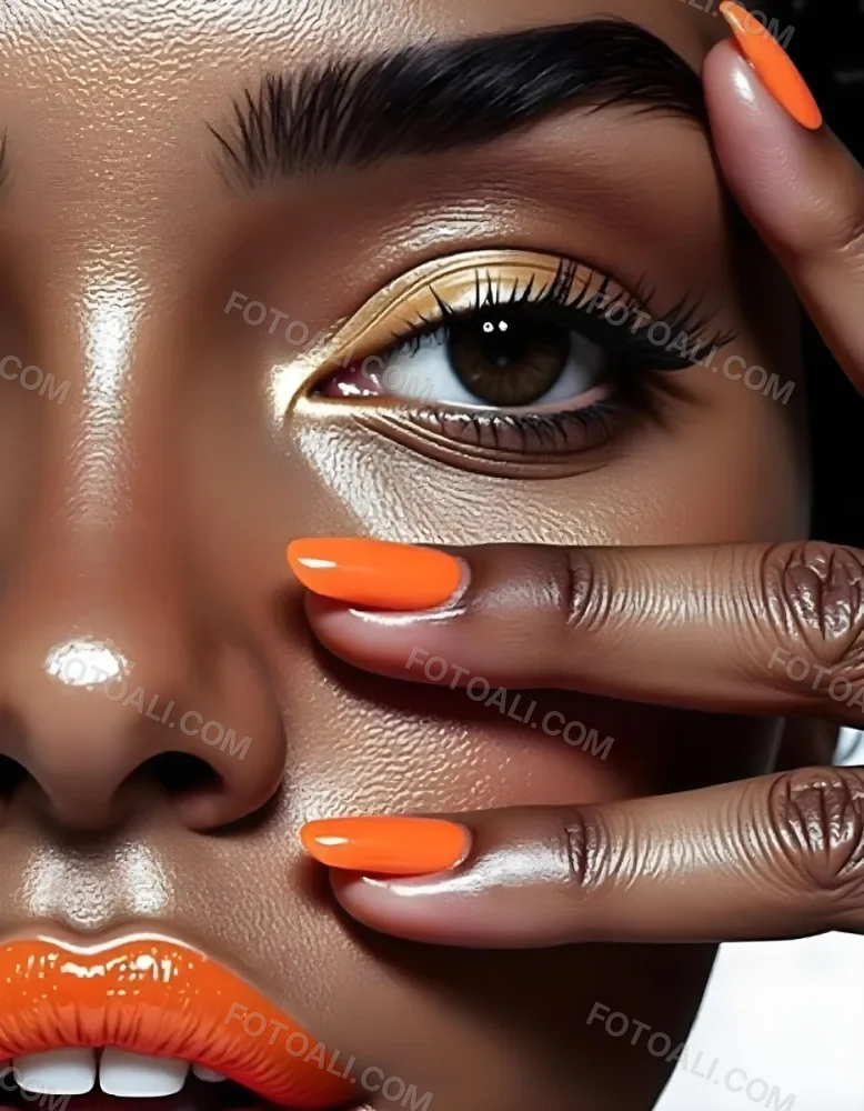 A White Woman Age 25 With Orange Lips And Orange Nails Golden Eyeshadow With Her Hand On Her Face In A Black Background 14 Ef02