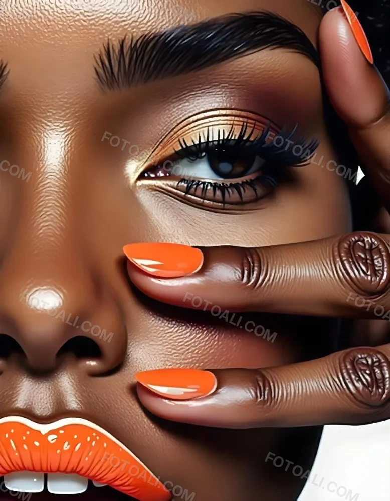 A White Woman Age 25 With Orange Lips And Orange Nails Golden Eyeshadow With Her Hand On Her Face In A Black Background 25 4aca