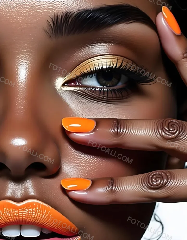 A White Woman Age 25 With Orange Lips And Orange Nails Golden Eyeshadow With Her Hand On Her Face In A Black Background 4 C650