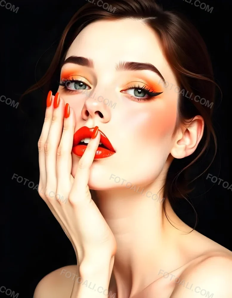 A White Woman Age 25 With Orange Lips And Orange Nails Golden Eyeshadow With Her Hand On Her Face In A Black Background 7 6c8a