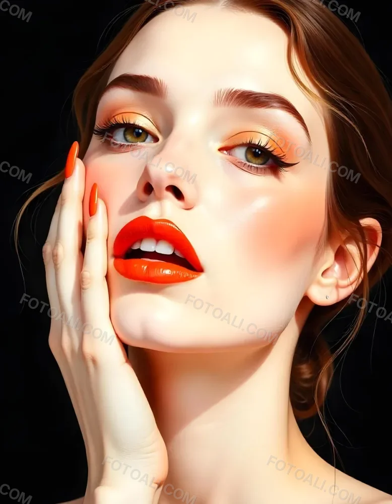 A White Woman Age 25 With Orange Lips And Orange Nails Golden Eyeshadow With Her Hand On Her Face In A Black Background 8 2130