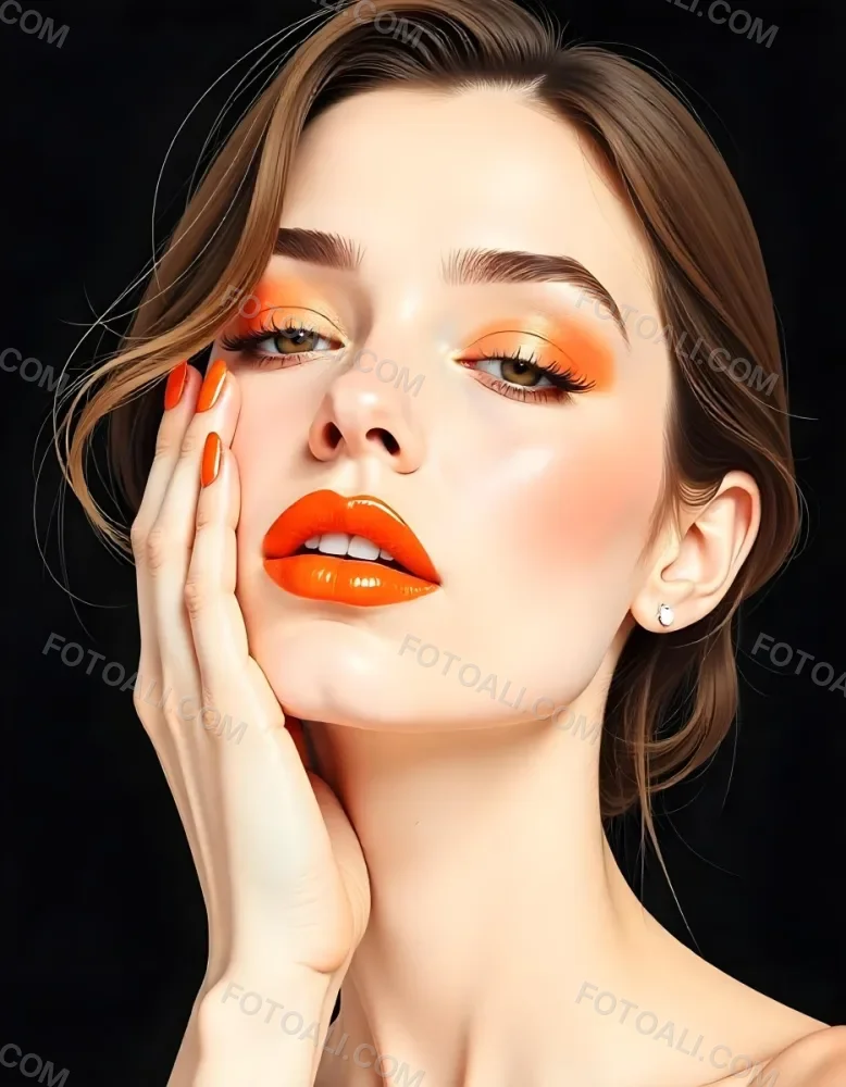 A White Woman Age 25 With Orange Lips And Orange Nails Golden Eyeshadow With Her Hand On Her Face In A Black Background 9 Ee15