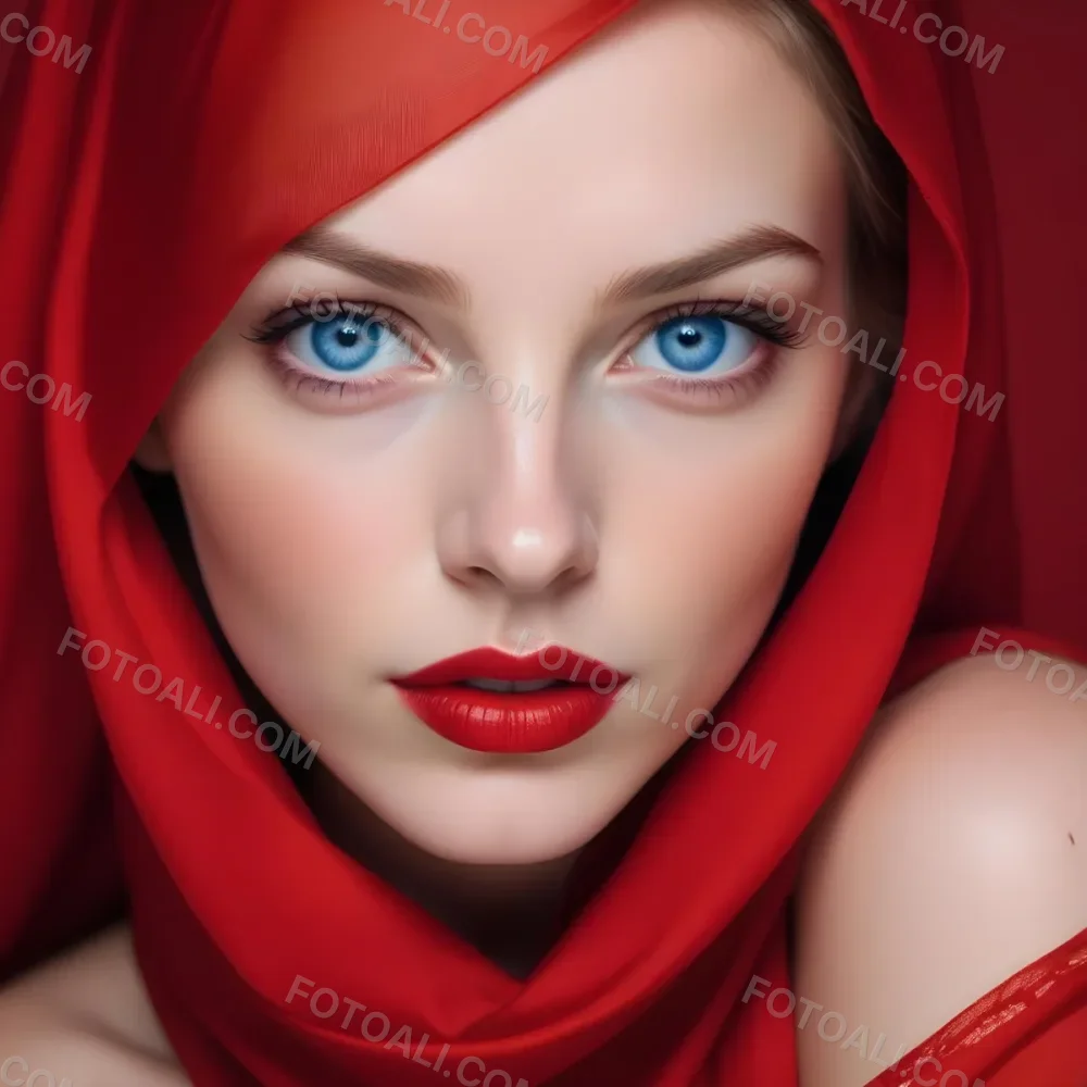 A White Woman Age 28 With Blue Eyes And Red Lips Wearing A Red Veil In A Studio With A Red Background 10 3147