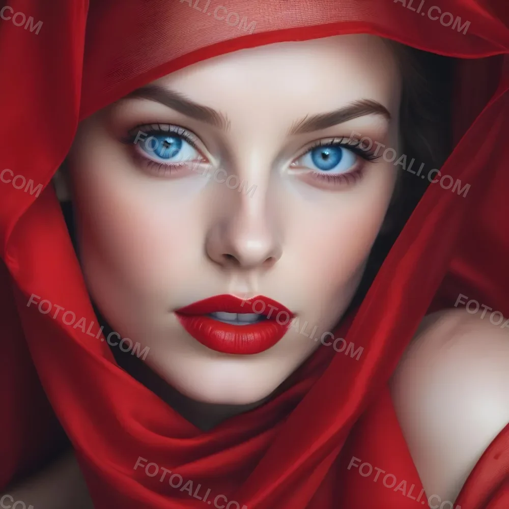 A White Woman Age 28 With Blue Eyes And Red Lips Wearing A Red Veil In A Studio With A Red Background 29 7221
