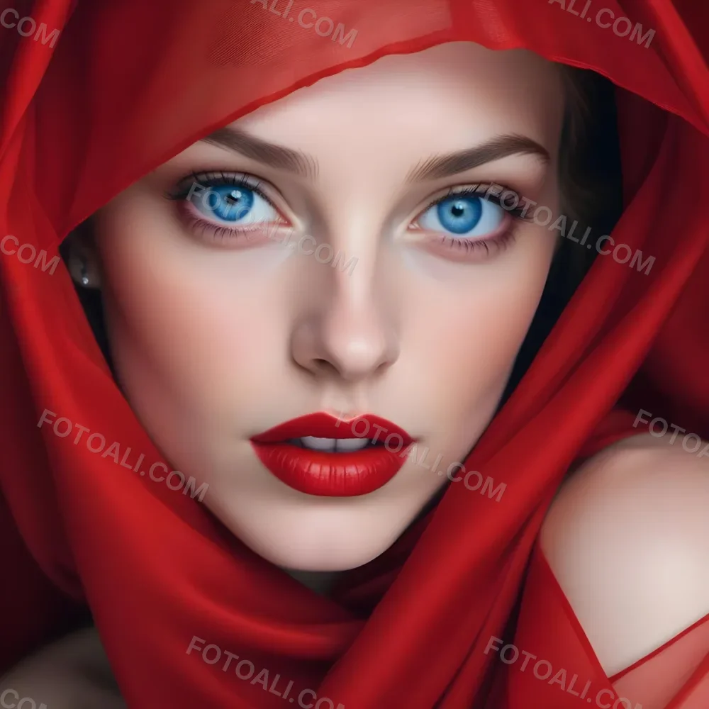 A White Woman Age 28 With Blue Eyes And Red Lips Wearing A Red Veil In A Studio With A Red Background 34 463a
