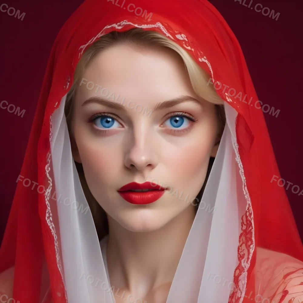 A White Woman Age 28 With Blue Eyes And Red Lips Wearing A Red Veil In A Studio With A Red Background 35 0065