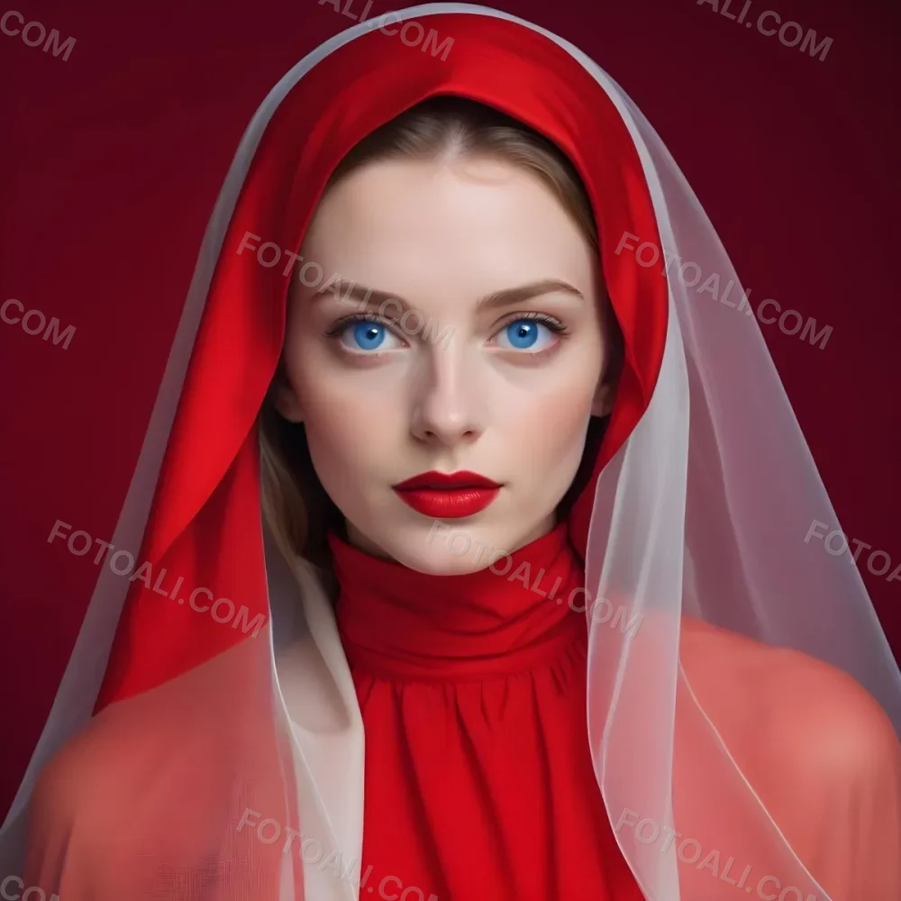 A White Woman Age 28 With Blue Eyes And Red Lips Wearing A Red Veil In A Studio With A Red Background 6 C927