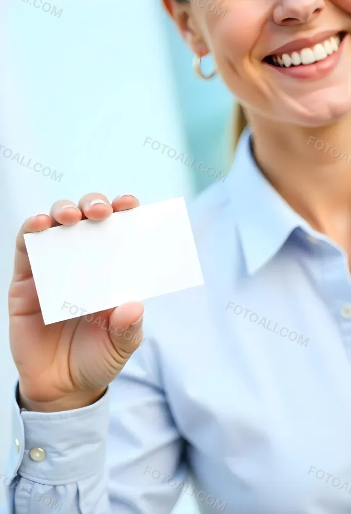 A White Woman Age 35 With A Blue Shirt Holding A Blank Business Card With A Bright Background 12 0f7f