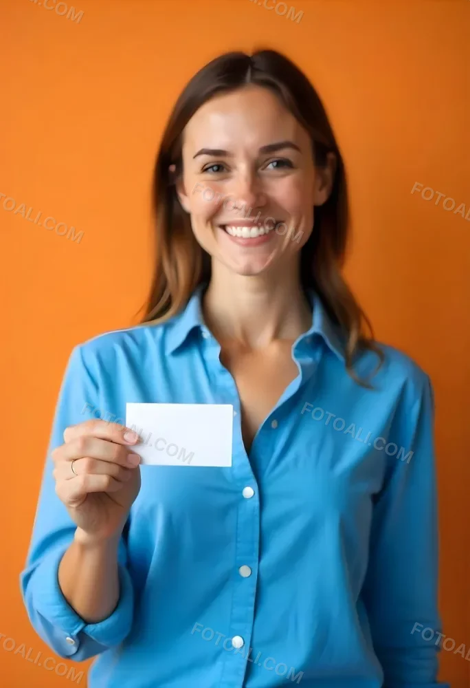 A White Woman Age 35 With A Blue Shirt Holding A Blank Business Card With A Bright Background 13 224f
