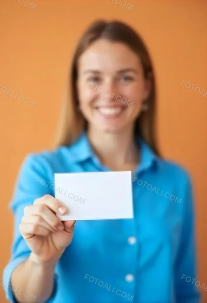A White Woman Age 35 With A Blue Shirt Holding A Blank Business Card With A Bright Background 22 0b1e