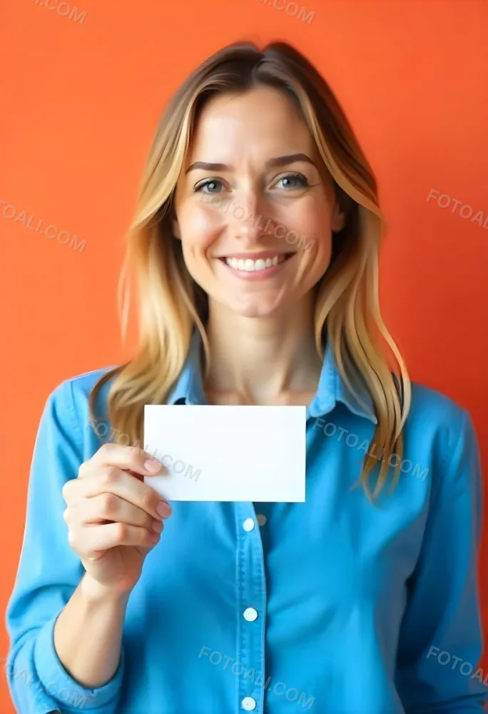 A White Woman Age 35 With A Blue Shirt Holding A Blank Business Card With A Bright Background 25 6790