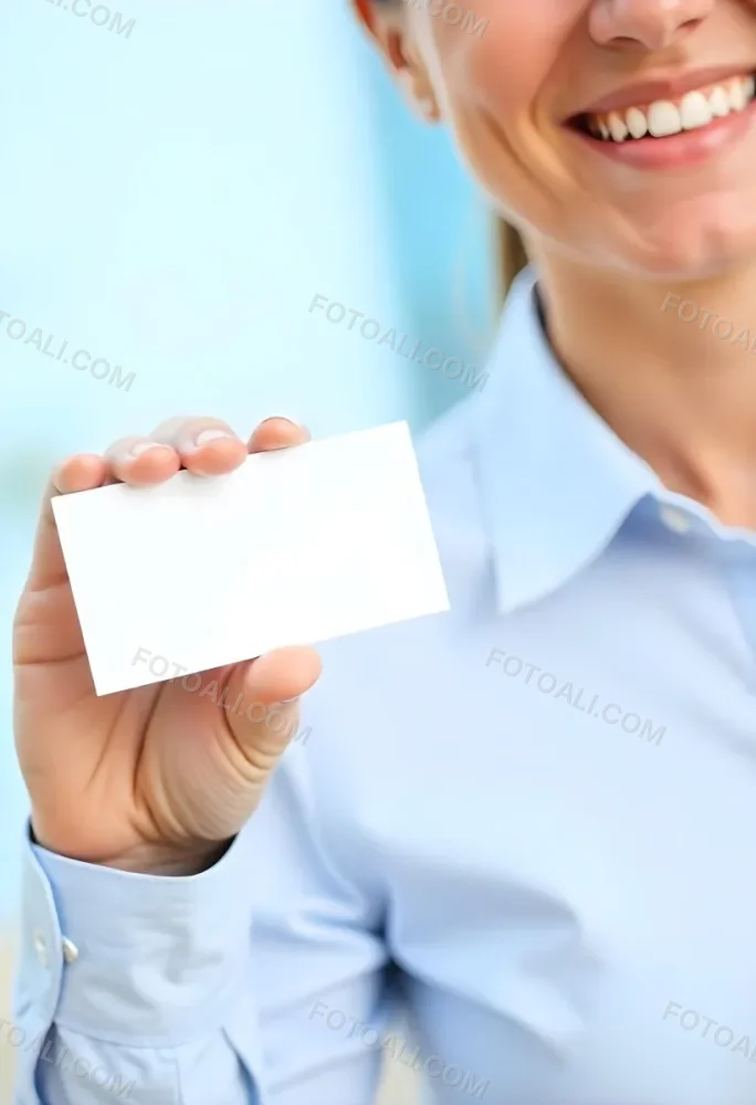 A White Woman Age 35 With A Blue Shirt Holding A Blank Business Card With A Bright Background 28 68d8