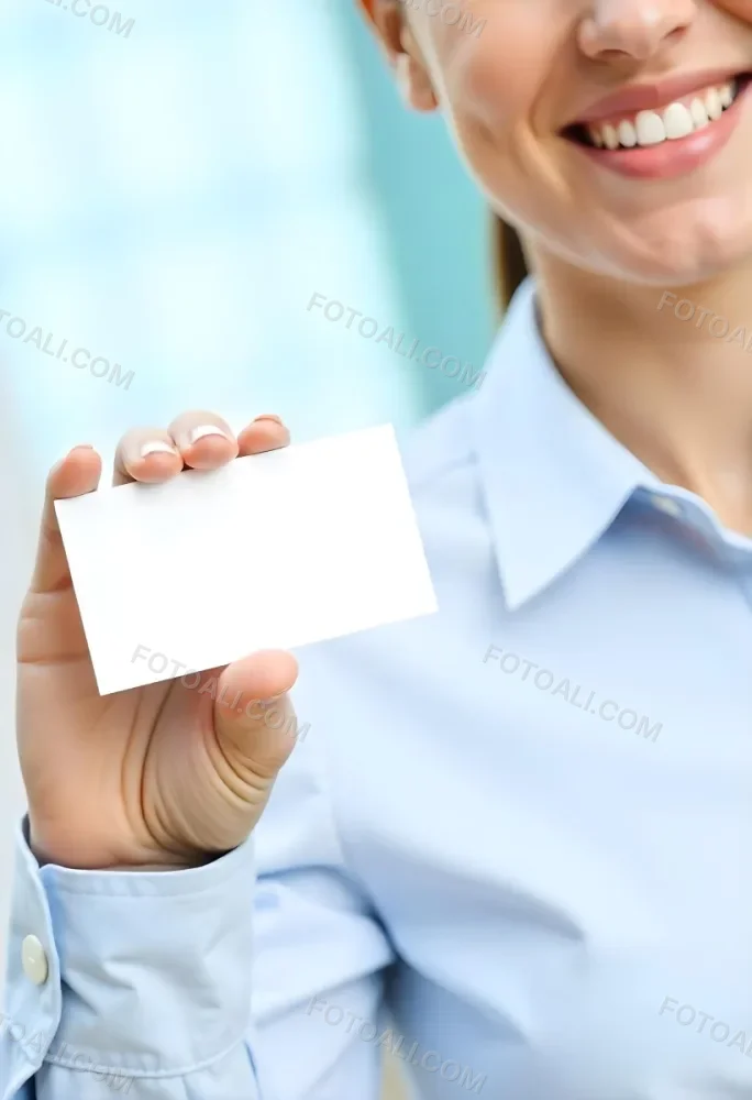 A White Woman Age 35 With A Blue Shirt Holding A Blank Business Card With A Bright Background 29 8424