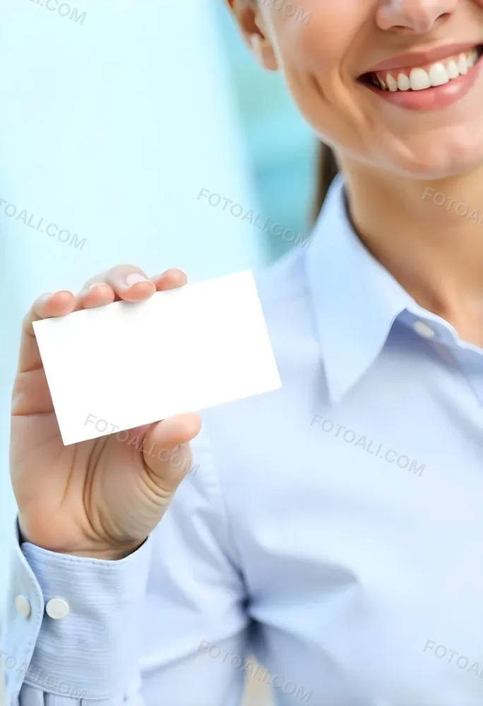 A White Woman Age 35 With A Blue Shirt Holding A Blank Business Card With A Bright Background 4 8b5c