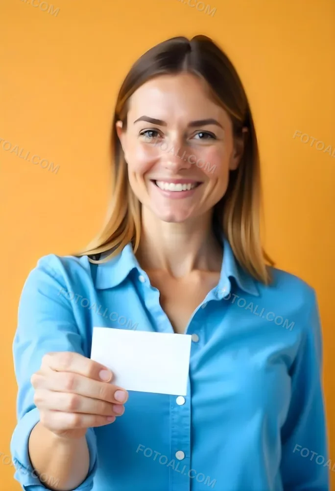 A White Woman Age 35 With A Blue Shirt Holding A Blank Business Card With A Bright Background 9 F35d