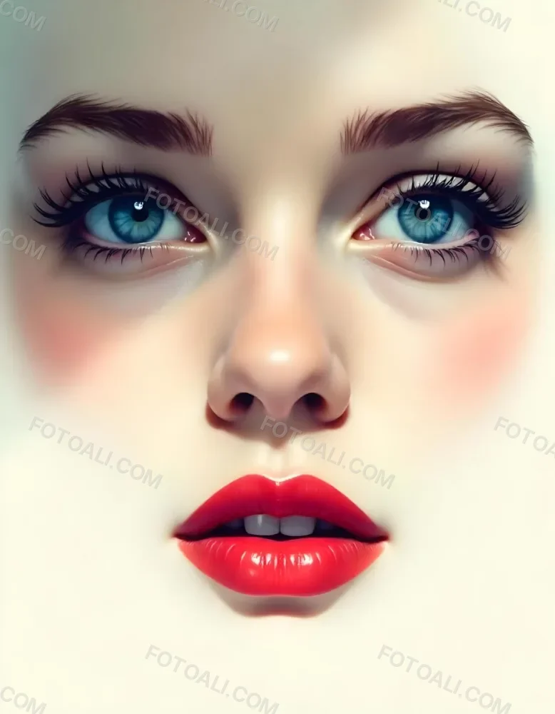 A White Woman In The Age Of 21 Years Old With Blue Eyes Red Lips And Long Eyelashes Light Skin In A White Background 23 F67e