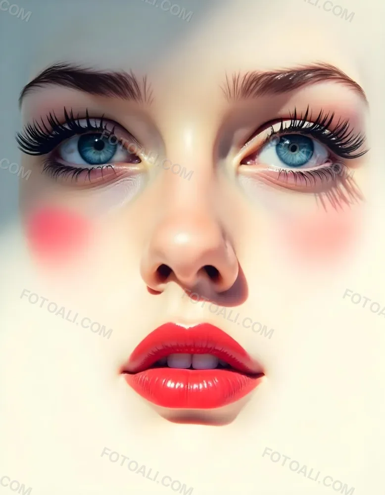 A White Woman In The Age Of 21 Years Old With Blue Eyes Red Lips And Long Eyelashes Light Skin In A White Background 4 C6cc