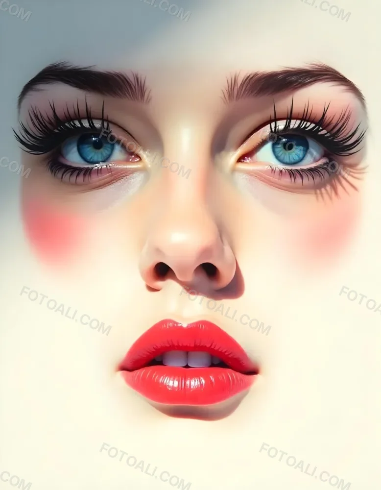 A White Woman In The Age Of 21 Years Old With Blue Eyes Red Lips And Long Eyelashes Light Skin In A White Background 7 Ebfa
