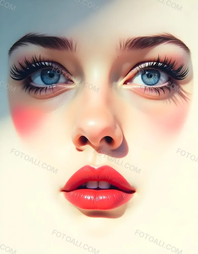 A White Woman In The Age Of 21 Years Old With Blue Eyes Red Lips And Long Eyelashes Light Skin In A White Background 8 04ee