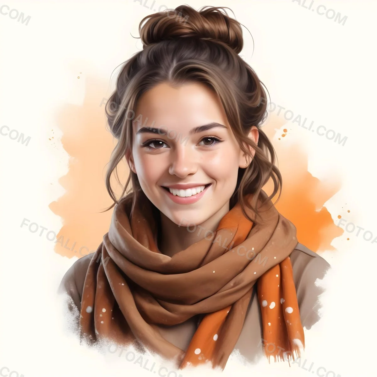 A White Woman With Light Skin 23 Years Old Brown Hair In A Bun Wearing A Brown Scarf Smiling In A White Background With Orange Spots 27 Fbce