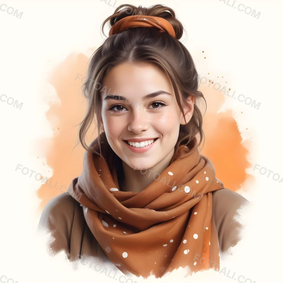 A White Woman With Light Skin 23 Years Old Brown Hair In A Bun Wearing A Brown Scarf Smiling In A White Background With Orange Spots 33 B96b