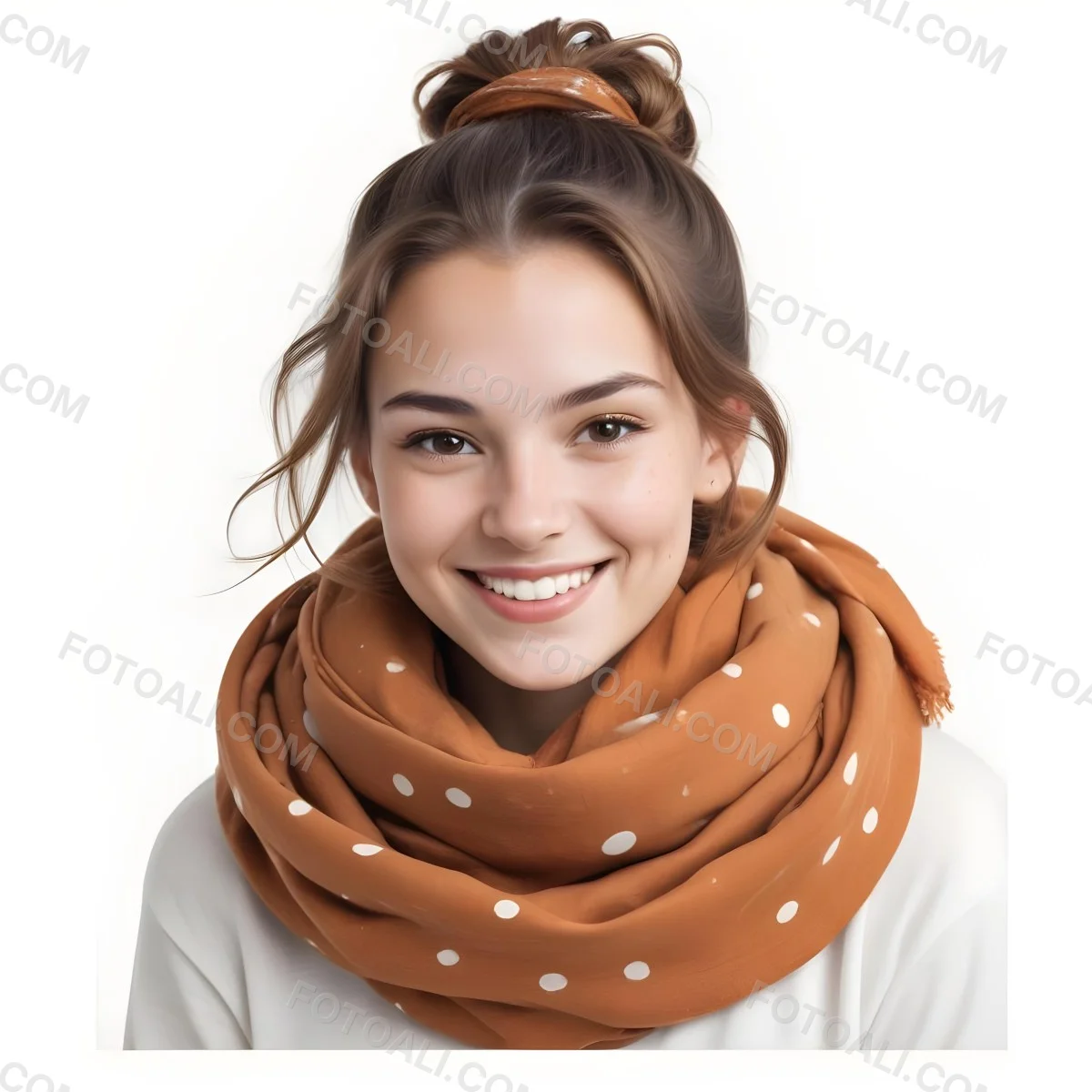 A White Woman With Light Skin 23 Years Old Brown Hair In A Bun Wearing A Brown Scarf Smiling In A White Background With Orange Spots 36 749d