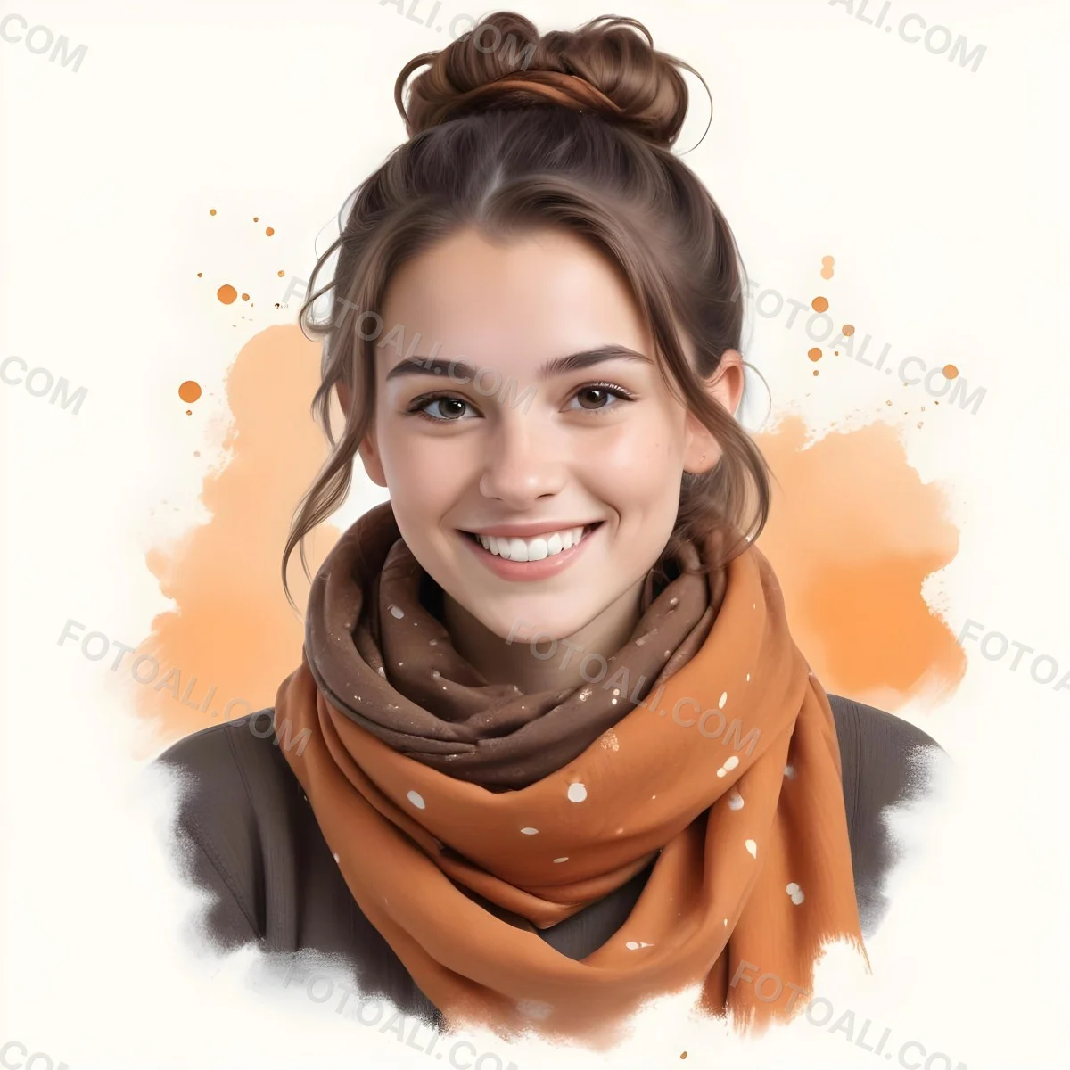 A White Woman With Light Skin 23 Years Old Brown Hair In A Bun Wearing A Brown Scarf Smiling In A White Background With Orange Spots 39 5d2f