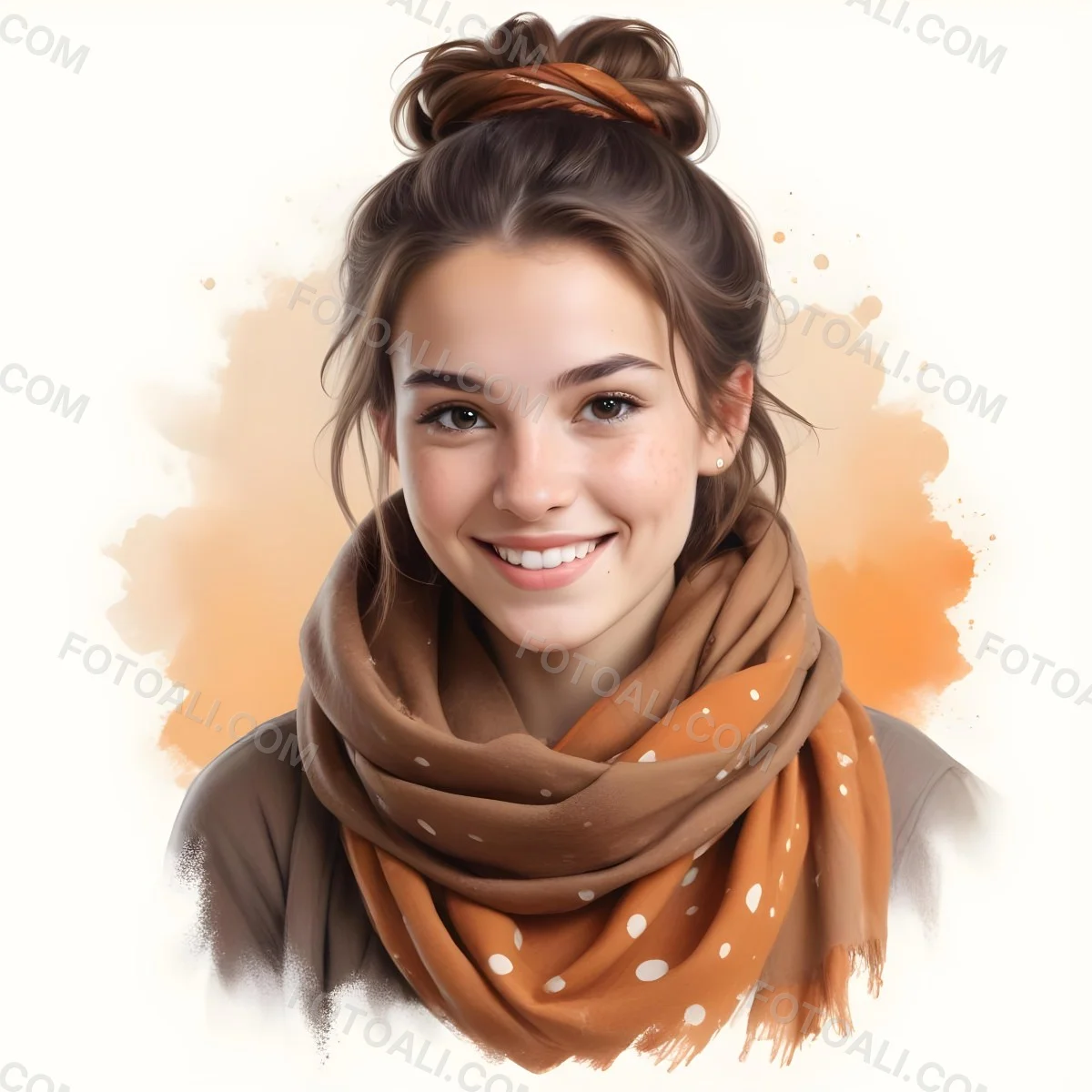 A White Woman With Light Skin 23 Years Old Brown Hair In A Bun Wearing A Brown Scarf Smiling In A White Background With Orange Spots 4 Ba00